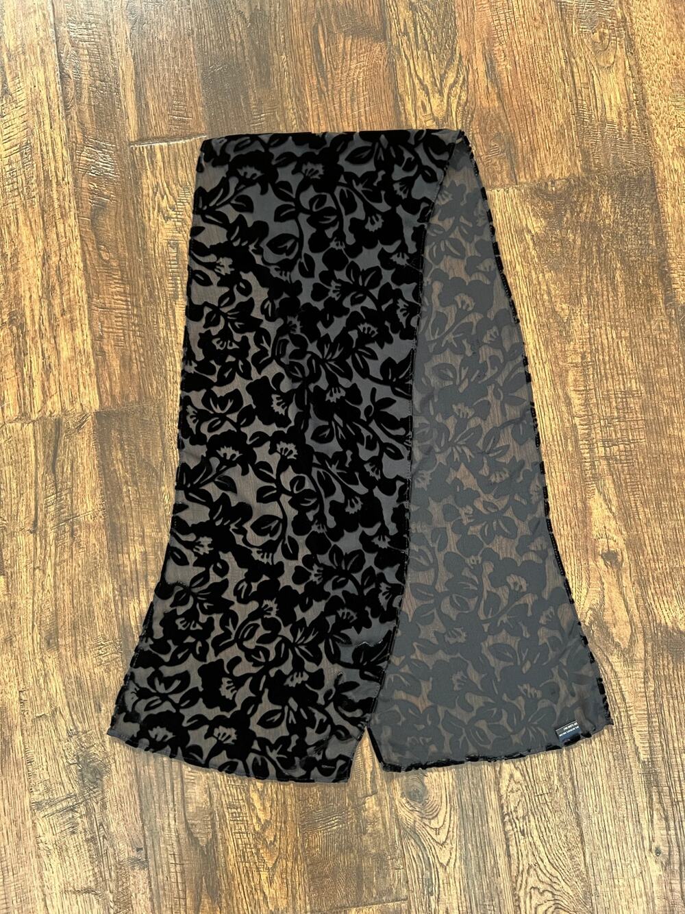 Vintage Accessory Burnout Velvet Oblong Scarf - Black Semi Sheer Floral Wrap